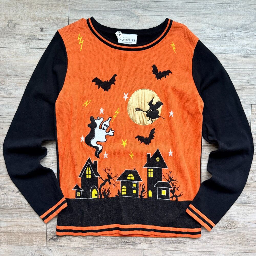 Vintage Halloween Sweater Medium Orange Black Witch Ghost Bat Haunted House